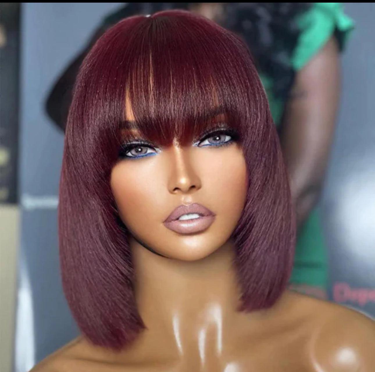10 Inches Reddish Purple Layered Cut Yaki Straight #99J Lace Bob Wig With Bangs