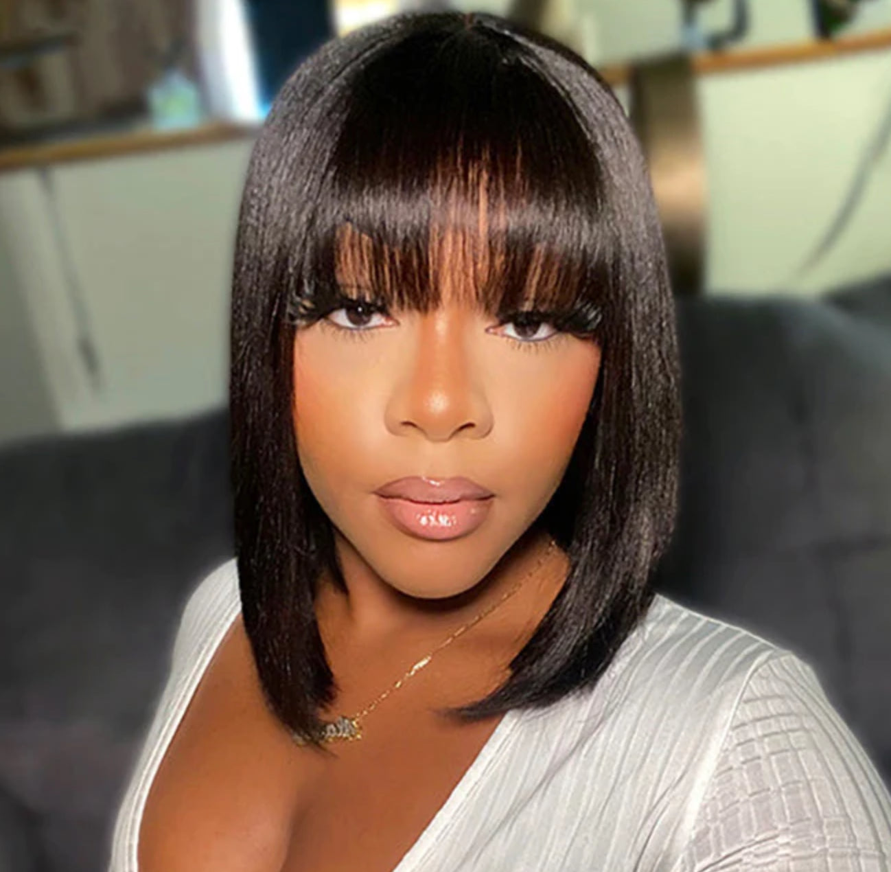 12 Inch Realistic Yaki Straight Bob With Bangs 2x1 Minimalist Lace Wig 150% Density
