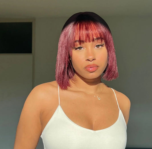 10 Inches Reddish Purple Layered Cut Yaki Straight #99J Lace Bob Wig With Bangs