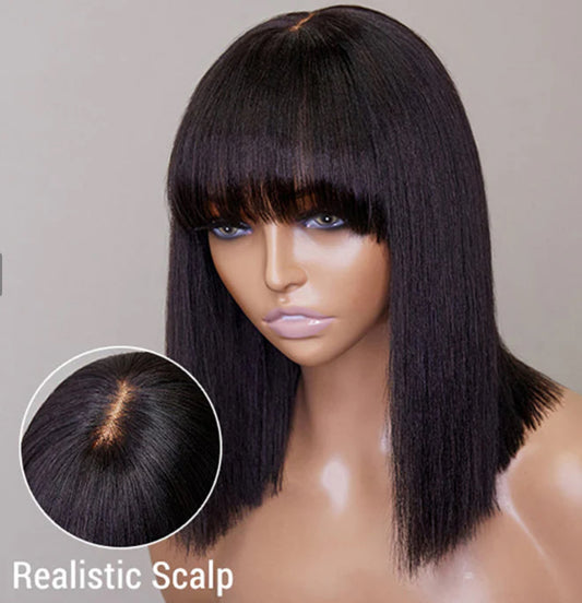12 Inch Realistic Yaki Straight Bob With Bangs 2x1 Minimalist Lace Wig 150% Density